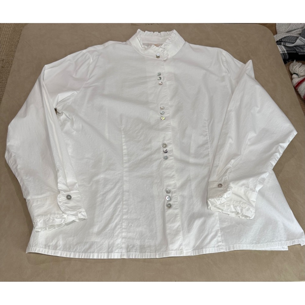 H.Moser Salzburg White Trachten Blouse Ruffle Jeweled Button Plus Size 48 XL